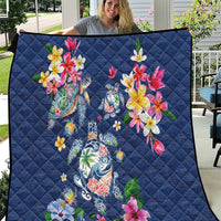 Hawaiian Turtles and Tropical Plants Quilt Blue Watercolor