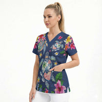 Hawaiian Turtles and Tropical Plants Scrub Top Blue Watercolor