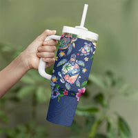 Hawaiian Turtles and Tropical Plants Tumbler With Handle Blue Watercolor