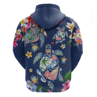 Hawaiian Turtles and Tropical Plants Zip Hoodie Blue Watercolor
