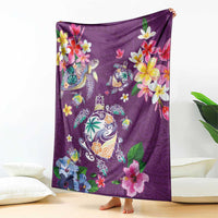 Hawaiian Turtles and Tropical Plants Blanket Purple Watercolor