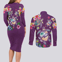 Hawaiian Turtles and Tropical Plants Couples Matching Long Sleeve Bodycon Dress and Long Sleeve Button Shirt Purple Watercolor LT03 - Polynesian Pride