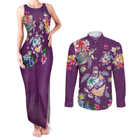 Hawaiian Turtles and Tropical Plants Couples Matching Tank Maxi Dress and Long Sleeve Button Shirt Purple Watercolor