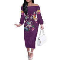 Hawaiian Turtles and Tropical Plants Family Matching Off The Shoulder Long Sleeve Dress and Hawaiian Shirt Purple Watercolor LT03 Mom's Dress Purple - Polynesian Pride