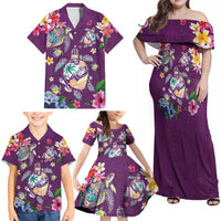 Hawaiian Turtles and Tropical Plants Family Matching Off Shoulder Maxi Dress and Hawaiian Shirt Purple Watercolor LT03 - Polynesian Pride