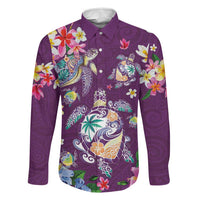 Hawaiian Turtles and Tropical Plants Family Matching Off Shoulder Short Dress and Hawaiian Shirt Purple Watercolor LT03 Dad's Shirt - Long Sleeve Purple - Polynesian Pride