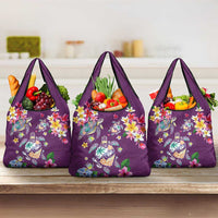 Hawaiian Turtles and Tropical Plants Grocery Bag Purple Watercolor