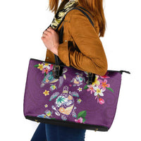 Hawaiian Turtles and Tropical Plants Leather Tote Bag Purple Watercolor