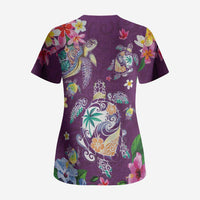 Hawaiian Turtles and Tropical Plants Scrub Top Purple Watercolor