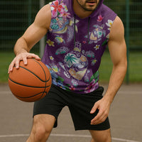 Hawaiian Turtles and Tropical Plants Sleeveless Hoodie Purple Watercolor