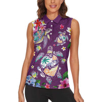 Hawaiian Turtles and Tropical Plants Women Sleeveless Polo Shirt Purple Watercolor LT03 - Polynesian Pride
