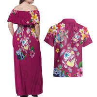Hawaiian Turtles and Tropical Plants Couples Matching Off Shoulder Maxi Dress and Hawaiian Shirt Pink Watercolor LT03 - Polynesian Pride