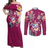 Hawaiian Turtles and Tropical Plants Couples Matching Off Shoulder Maxi Dress and Long Sleeve Button Shirt Pink Watercolor