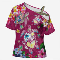 Hawaiian Turtles and Tropical Plants Cross Shoulder Shirt Pink Watercolor
