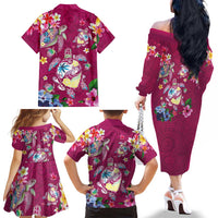 Hawaiian Turtles and Tropical Plants Family Matching Off The Shoulder Long Sleeve Dress and Hawaiian Shirt Pink Watercolor LT03 - Polynesian Pride