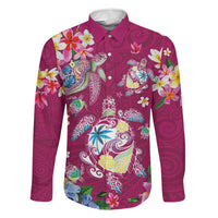 Hawaiian Turtles and Tropical Plants Family Matching Off Shoulder Short Dress and Hawaiian Shirt Pink Watercolor LT03 Dad's Shirt - Long Sleeve Pink - Polynesian Pride