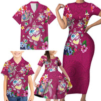 Hawaiian Turtles and Tropical Plants Family Matching Short Sleeve Bodycon Dress and Hawaiian Shirt Pink Watercolor LT03 - Polynesian Pride