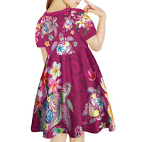Hawaiian Turtles and Tropical Plants Kid Short Sleeve Dress Pink Watercolor