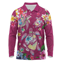 Hawaiian Turtles and Tropical Plants Long Sleeve Polo Shirt Pink Watercolor