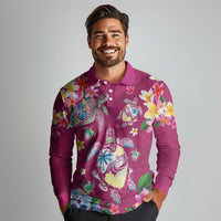 Hawaiian Turtles and Tropical Plants Long Sleeve Polo Shirt Pink Watercolor