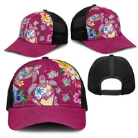 Hawaiian Turtles and Tropical Plants Mesh Trucker Cap Pink Watercolor