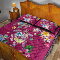 Hawaiian Turtles and Tropical Plants Quilt Bed Set Pink Watercolor