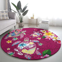 Hawaiian Turtles and Tropical Plants Round Carpet Pink Watercolor