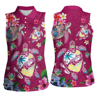 Hawaiian Turtles and Tropical Plants Women Sleeveless Polo Shirt Pink Watercolor
