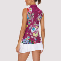 Hawaiian Turtles and Tropical Plants Women Sleeveless Polo Shirt Pink Watercolor