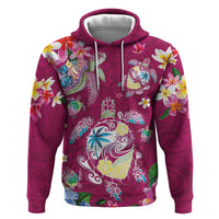 Hawaiian Turtles and Tropical Plants Zip Hoodie Pink Watercolor