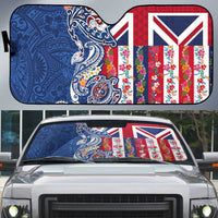 Hawaiian Manta Ray and Turtle Tribal Tattoo Auto Sun Shade With Hawaii Flag and Flowers