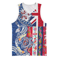 Hawaiian Manta Ray and Turtle Tribal Tattoo Basketball Jersey With Hawaii Flag and Flowers