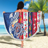 Hawaiian Manta Ray and Turtle Tribal Tattoo Beach Blanket With Hawaii Flag and Flowers
