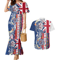 Hawaiian Manta Ray and Turtle Tribal Tattoo Couples Matching Mermaid Dress and Hawaiian Shirt With Hawaii Flag and Flowers LT03 Multicolor - Polynesian Pride