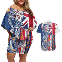 Hawaiian Manta Ray and Turtle Tribal Tattoo Couples Matching Off Shoulder Short Dress and Hawaiian Shirt With Hawaii Flag and Flowers LT03 Multicolor - Polynesian Pride