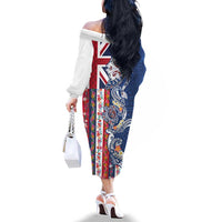 Hawaiian Manta Ray and Turtle Tribal Tattoo Family Matching Off The Shoulder Long Sleeve Dress and Hawaiian Shirt With Hawaii Flag and Flowers LT03 - Polynesian Pride