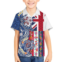 Hawaiian Manta Ray and Turtle Tribal Tattoo Family Matching Off Shoulder Maxi Dress and Hawaiian Shirt With Hawaii Flag and Flowers LT03 Son's Shirt Multicolor - Polynesian Pride