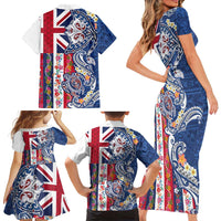 Hawaiian Manta Ray and Turtle Tribal Tattoo Family Matching Short Sleeve Bodycon Dress and Hawaiian Shirt With Hawaii Flag and Flowers LT03 - Polynesian Pride