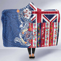 Hawaiian Manta Ray and Turtle Tribal Tattoo Hooded Blanket With Hawaii Flag and Flowers