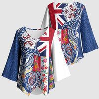 Hawaiian Manta Ray and Turtle Tribal Tattoo Kimono Sleeve Blouse With Hawaii Flag and Flowers