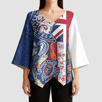 Hawaiian Manta Ray and Turtle Tribal Tattoo Kimono Sleeve Blouse With Hawaii Flag and Flowers