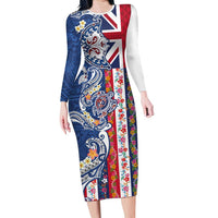 Hawaiian Manta Ray and Turtle Tribal Tattoo Long Sleeve Bodycon Dress With Hawaii Flag and Flowers LT03 Long Dress Multicolor - Polynesian Pride