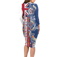 Hawaiian Manta Ray and Turtle Tribal Tattoo Long Sleeve Bodycon Dress With Hawaii Flag and Flowers LT03 - Polynesian Pride