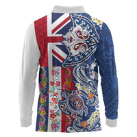 Hawaiian Manta Ray and Turtle Tribal Tattoo Long Sleeve Polo Shirt With Hawaii Flag and Flowers LT03 - Polynesian Pride