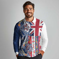 Hawaiian Manta Ray and Turtle Tribal Tattoo Long Sleeve Polo Shirt With Hawaii Flag and Flowers LT03 - Polynesian Pride