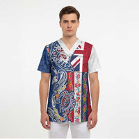 Hawaiian Manta Ray and Turtle Tribal Tattoo Scrub Top With Hawaii Flag and Flowers