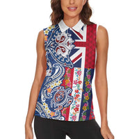 Hawaiian Manta Ray and Turtle Tribal Tattoo Women Sleeveless Polo Shirt With Hawaii Flag and Flowers LT03 - Polynesian Pride