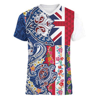 Hawaiian Manta Ray and Turtle Tribal Tattoo Women V-Neck T-Shirt With Hawaii Flag and Flowers LT03 Female Multicolor - Polynesian Pride