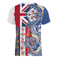 Hawaiian Manta Ray and Turtle Tribal Tattoo Women V-Neck T-Shirt With Hawaii Flag and Flowers LT03 - Polynesian Pride