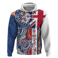 Hawaiian Manta Ray and Turtle Tribal Tattoo Zip Hoodie With Hawaii Flag and Flowers